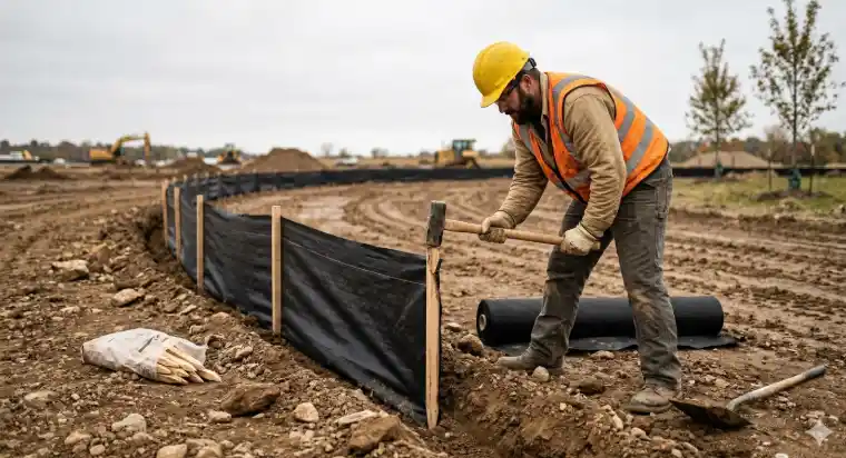 Pekerja memasang silt fence untuk mengendalikan sedimen dan erosi tanah di area proyek.